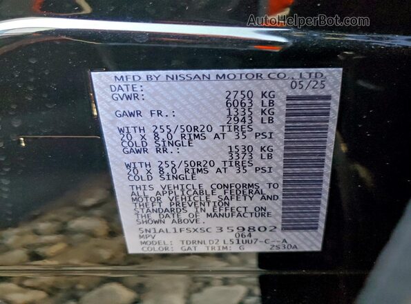 5N1AL1FSXSC359802 2025 INFINITI QX60 Black VIN კოდის სტიკერის ხედი