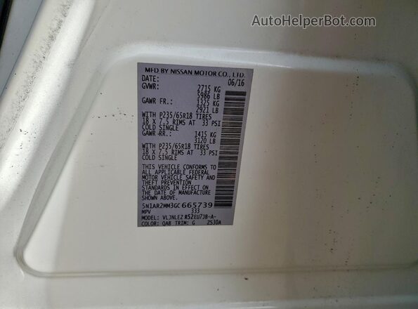5N1AR2MM3GC665739 2016 NISSAN PATHFINDER White VIN կոդի պիտակի տեսք