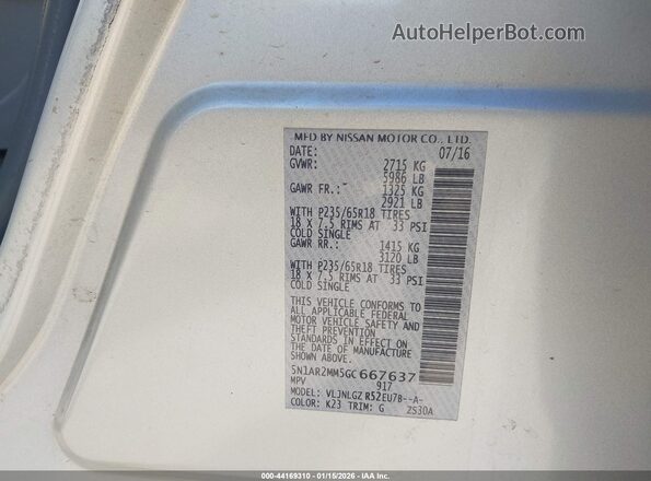 5N1AR2MM5GC667637 2016 NISSAN PATHFINDER Silver Vista del compartimento del motor