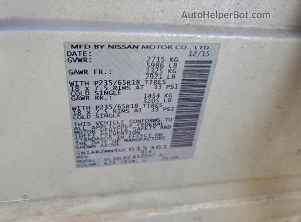 5N1AR2MN4GC615361 2016 NISSAN PATHFINDER Серебряный Вид наклейки с VIN-кодом