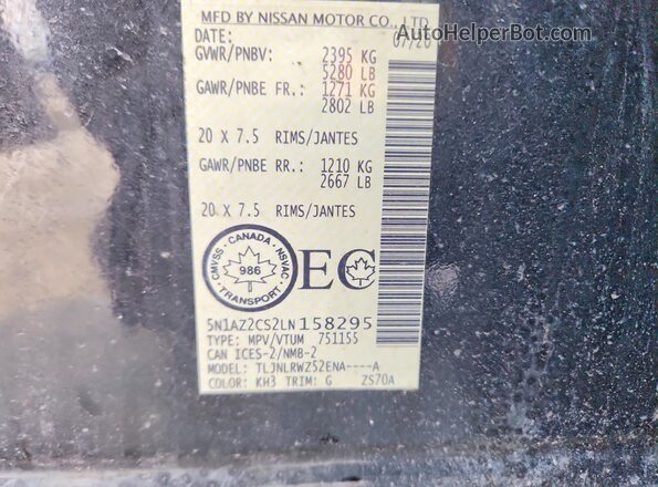 5N1AZ2CS2LN158295 2020 NISSAN MURANO Black VIN კოდის სტიკერის ხედი