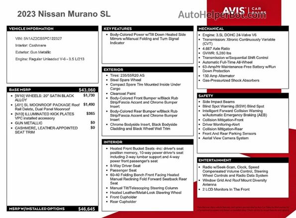 5N1AZ2CS5PC122327 2023 NISSAN MURANO Gray VIN კოდის სტიკერის ხედი
