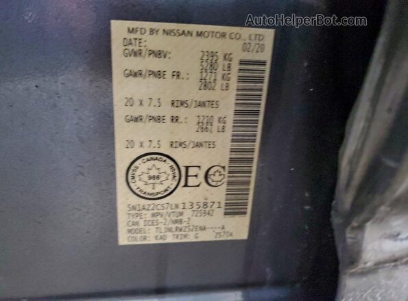 5N1AZ2CS7LN135871 2020 NISSAN MURANO Gray Панорамний вид салону 360°