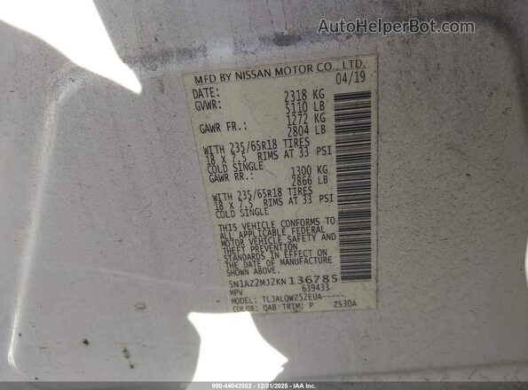 5N1AZ2MJ2KN136785 2019 NISSAN MURANO Белый Вид подкапотного пространства