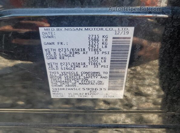 5N1DR2AN5LC599635 2020 NISSAN PATHFINDER Black Engine compartment view