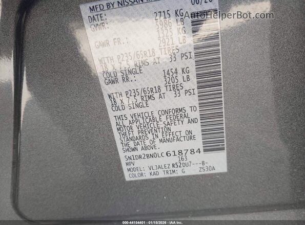 5N1DR2BN0LC618784 2020 NISSAN PATHFINDER Gray Vista del compartimento del motor