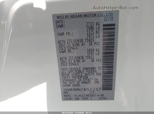 5N1DR2BN6LC651157 2020 NISSAN PATHFINDER White Вид підкапотного простору