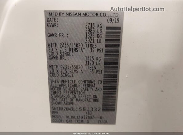 5N1DR2DM3LC581332 2020 NISSAN PATHFINDER White Vista del compartimento del motor