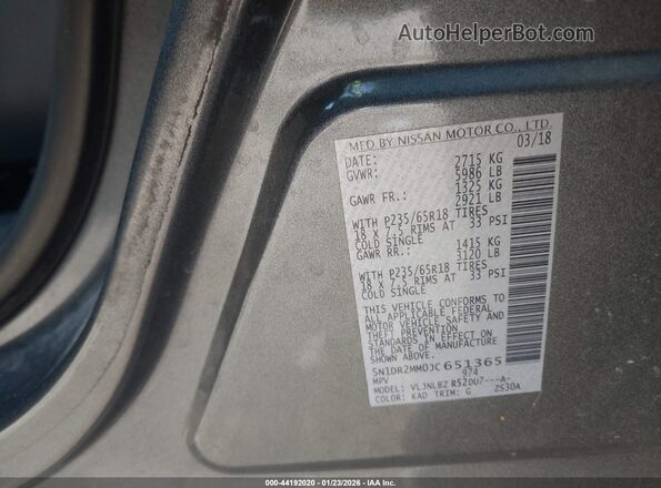 5N1DR2MM0JC651365 2018 NISSAN PATHFINDER Серый Вид подкапотного пространства