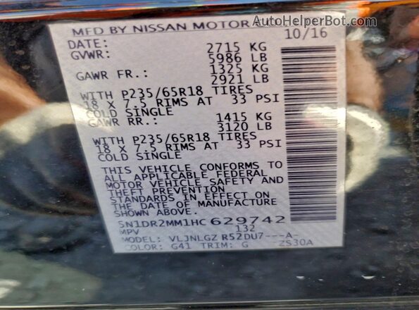 5N1DR2MM1HC629742 2017 NISSAN PATHFINDER Черный Вид наклейки с VIN-кодом