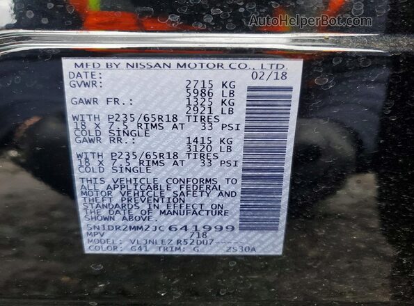 5N1DR2MM2JC641999 2018 NISSAN PATHFINDER Black Widok naklejki z numerem VIN
