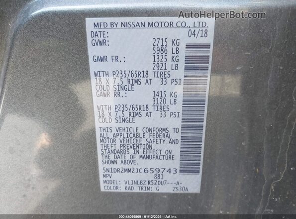 5N1DR2MM2JC659743 2018 NISSAN PATHFINDER Gray Вид підкапотного простору