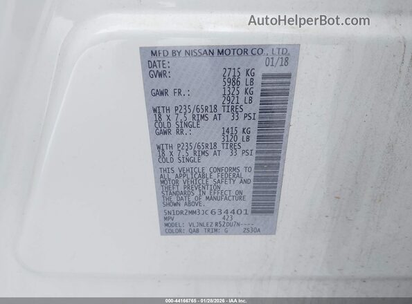5N1DR2MM3JC634401 2018 NISSAN PATHFINDER White Вид підкапотного простору