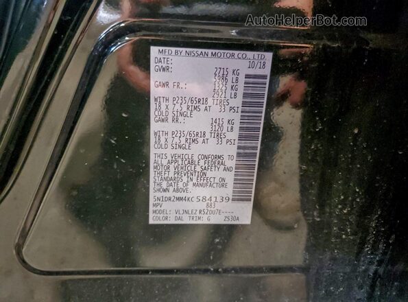 5N1DR2MM4KC584139 2019 NISSAN PATHFINDER Green VIN კოდის სტიკერის ხედი