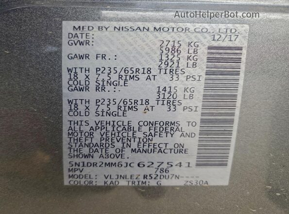5N1DR2MM6JC627541 2018 NISSAN PATHFINDER Gray Vista interior de 360 grados