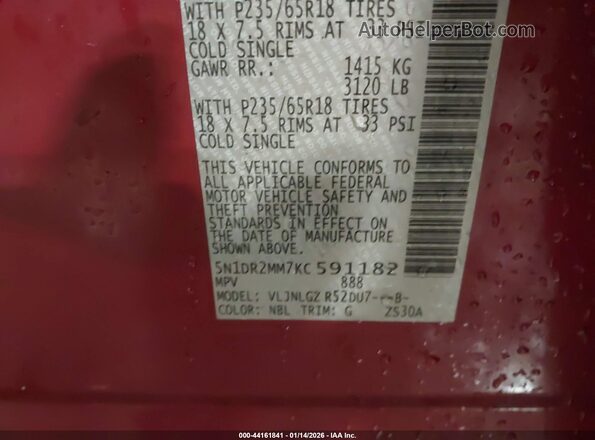 5N1DR2MM7KC591182 2019 NISSAN PATHFINDER Красный Вид подкапотного пространства
