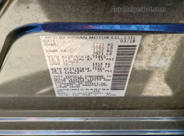 5N1DR2MN1JC649794 2018 NISSAN PATHFINDER Charcoal Widok naklejki z numerem VIN