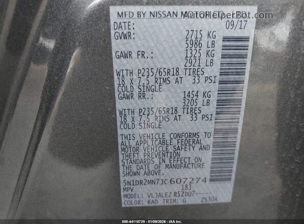 5N1DR2MN7JC607274 2018 NISSAN PATHFINDER Gray Vista del compartimento del motor
