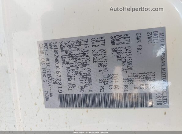 5N1DR2MNXJC677819 2018 NISSAN PATHFINDER White Вид підкапотного простору