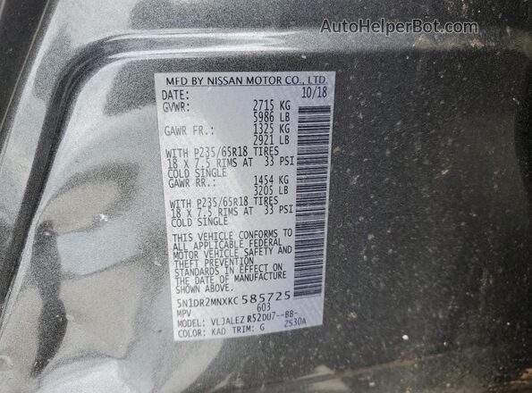 5N1DR2MNXKC585725 2019 NISSAN PATHFINDER Gray VIN sticker view