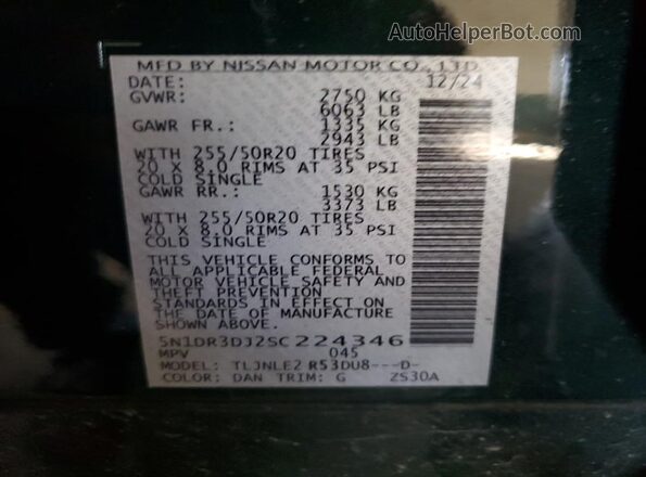 5N1DR3DJ2SC224346 2025 NISSAN PATHFINDER Зеленый Вид наклейки с VIN-кодом