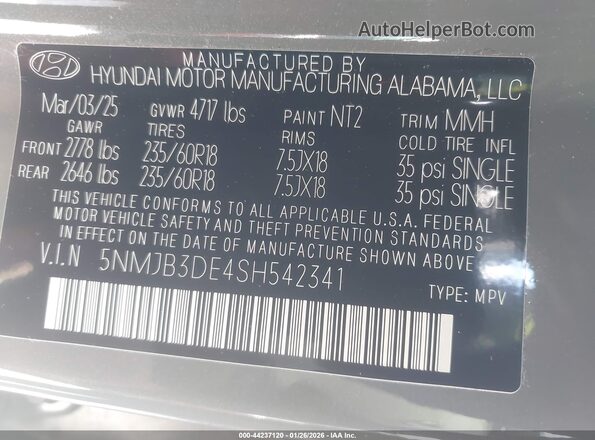5NMJB3DE4SH542341 2025 HYUNDAI TUCSON Серый Вид подкапотного пространства