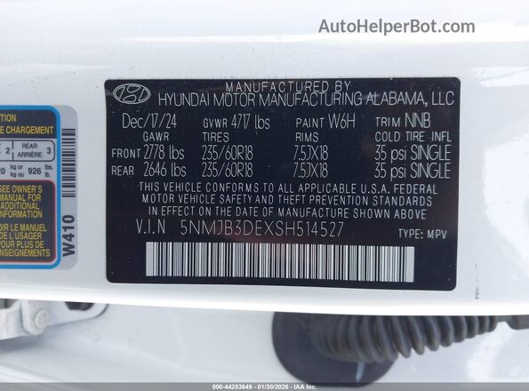 5NMJB3DEXSH514527 2025 HYUNDAI TUCSON White Շարժիչի բաժամունքի տեսք