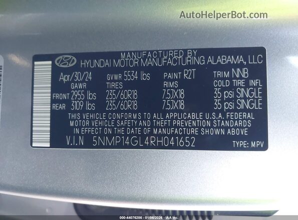 5NMP14GL4RH041652 2024 HYUNDAI SANTA FE Silver Widok komory silnika