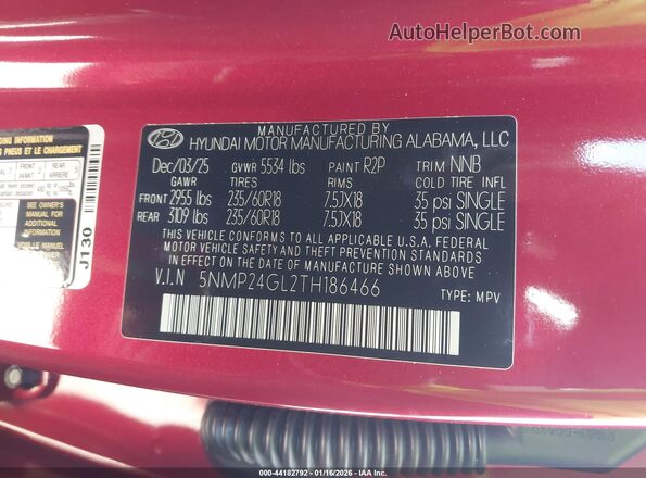 5NMP24GL2TH186466 2026 HYUNDAI SANTA FE Red Vista del compartimento del motor