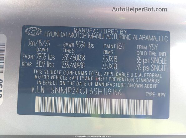 5NMP24GL6SH119156 2025 HYUNDAI SANTA FE Silver Vista del compartimento del motor