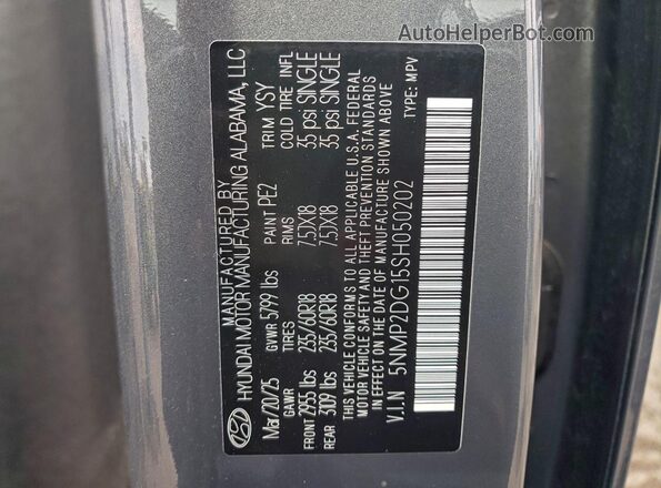 5NMP2DG15SH050202 2025 HYUNDAI SANTA Серый Панорамный вид салона 360°