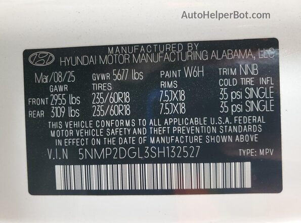 5NMP2DGL3SH132527 2025 HYUNDAI SANTA Белый Панорамный вид салона 360°