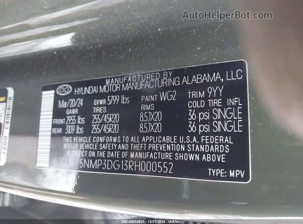 5NMP3DG13RH000552 2024 HYUNDAI SANTA FE HYBRID Green Widok komory silnika