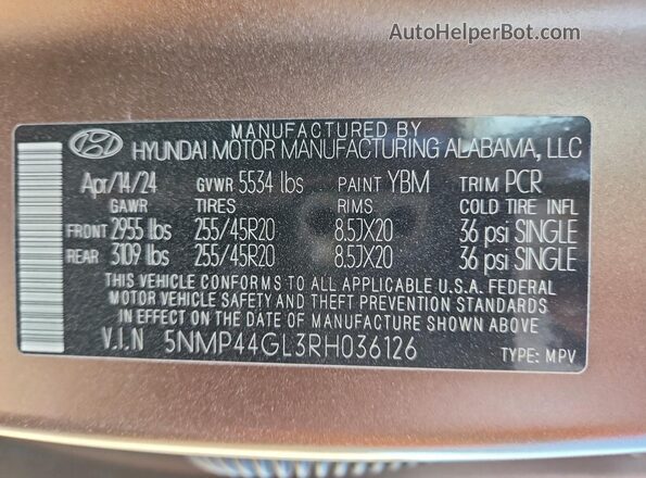 5NMP44GL3RH036126 2024 HYUNDAI SANTA Brown VIN sticker view