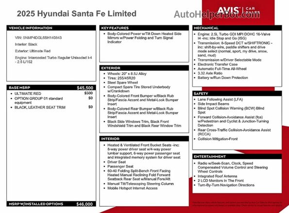 5NMP4DGL6SH140843 2025 HYUNDAI SANTA Красный Вид наклейки с VIN-кодом