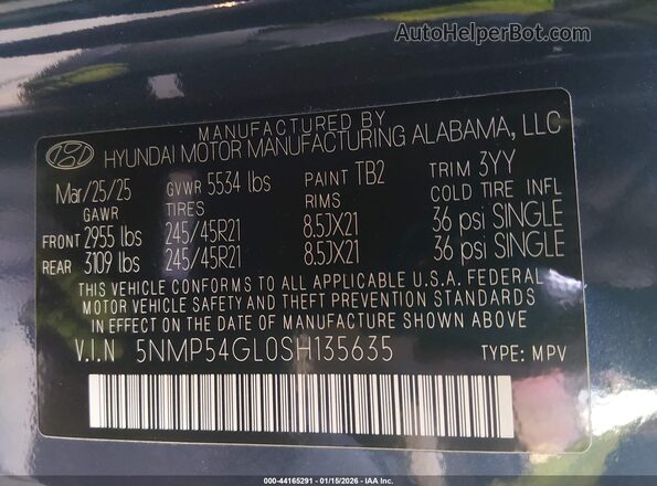 5NMP54GL0SH135635 2025 HYUNDAI SANTA FE CALLIGRAPHY Blue Շարժիչի բաժամունքի տեսք