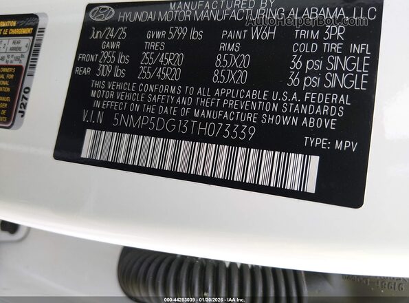 5NMP5DG13TH073339 2026 HYUNDAI SANTA FE HYBRID White Շարժիչի բաժամունքի տեսք