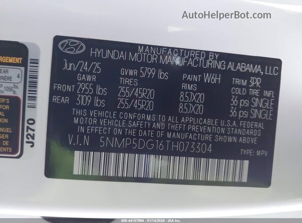 5NMP5DG16TH073304 2026 HYUNDAI SANTA FE HYBRID White Engine compartment view