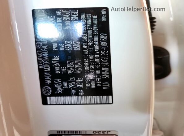 5NMP5DGL9SH080389 2024 HYUNDAI SANTA FE CALLIGRAPHY White Vista de la etiqueta del VIN
