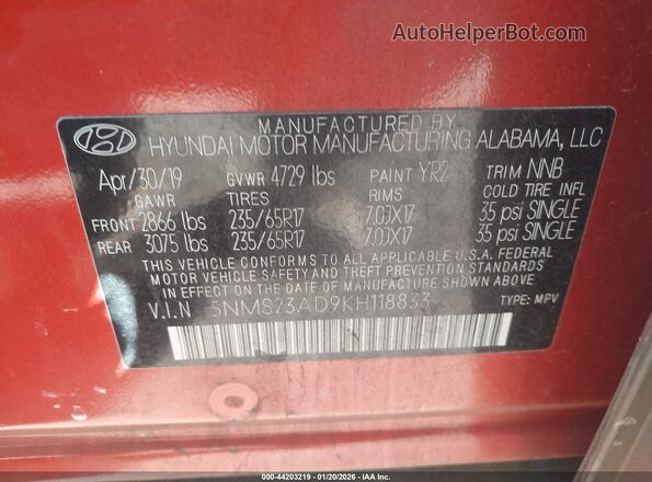 5NMS23AD9KH118833 2019 HYUNDAI SANTA FE Оранжевый Вид подкапотного пространства