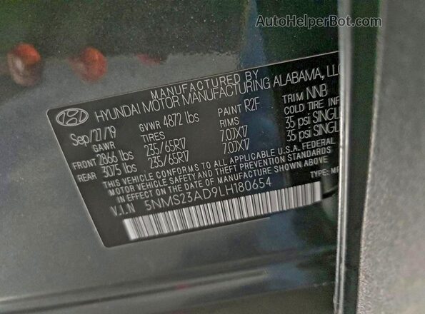 5NMS23AD9LH180654 2020 HYUNDAI SANTA Серый Вид задних сидений