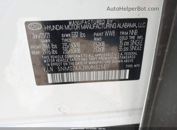 5NMS24AJ8MH325311 2021 HYUNDAI SANTA FE Белый Вид подкапотного пространства