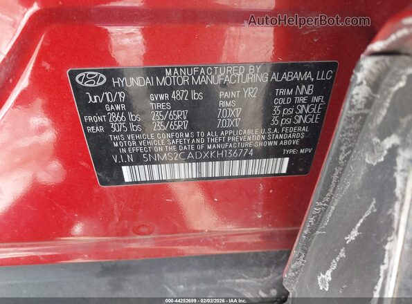 5NMS2CADXKH136774 2019 HYUNDAI SANTA FE Красный Вид подкапотного пространства