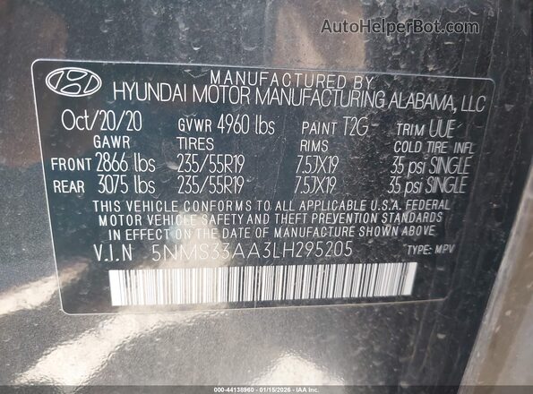 5NMS33AA3LH295205 2020 HYUNDAI SANTA FE Black Widok komory silnika