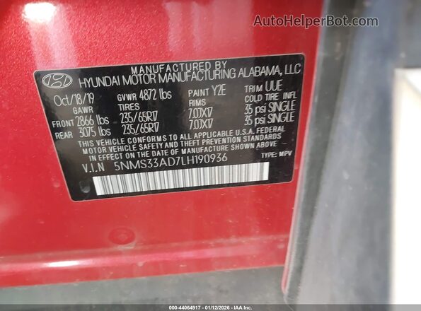 5NMS33AD7LH190936 2020 HYUNDAI SANTA FE Red ძრავის განყოფილების ხედი