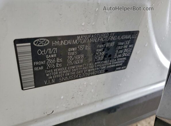 5NMS34AJ7NH401003 2022 HYUNDAI SANTA White Widok naklejki z numerem VIN