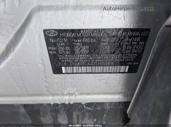 5NMS3CAA7LH205814 2020 HYUNDAI SANTA FE Серебряный Вид подкапотного пространства