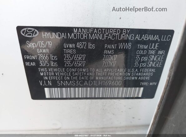 5NMS3CAD1LH169600 2020 HYUNDAI SANTA FE White ძრავის განყოფილების ხედი