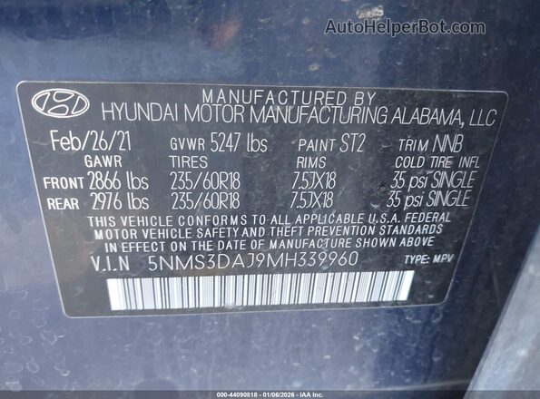 5NMS3DAJ9MH339960 2021 HYUNDAI SANTA FE Синий Вид подкапотного пространства