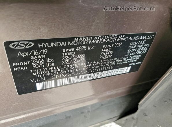 5NMS53AA7KH115068 2019 HYUNDAI SANTA Серый Вид наклейки с VIN-кодом